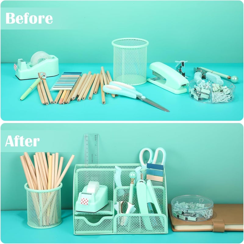 AuraRay Green Desk Organizers and Accessories, Teal Office Supplies Set Green Mesh Desk Organizer, Stapler, Tape Dispenser, 1000 Staples, Staple Remover, Pen Holder, Clips Set, Ruler, Scissors - Image 5